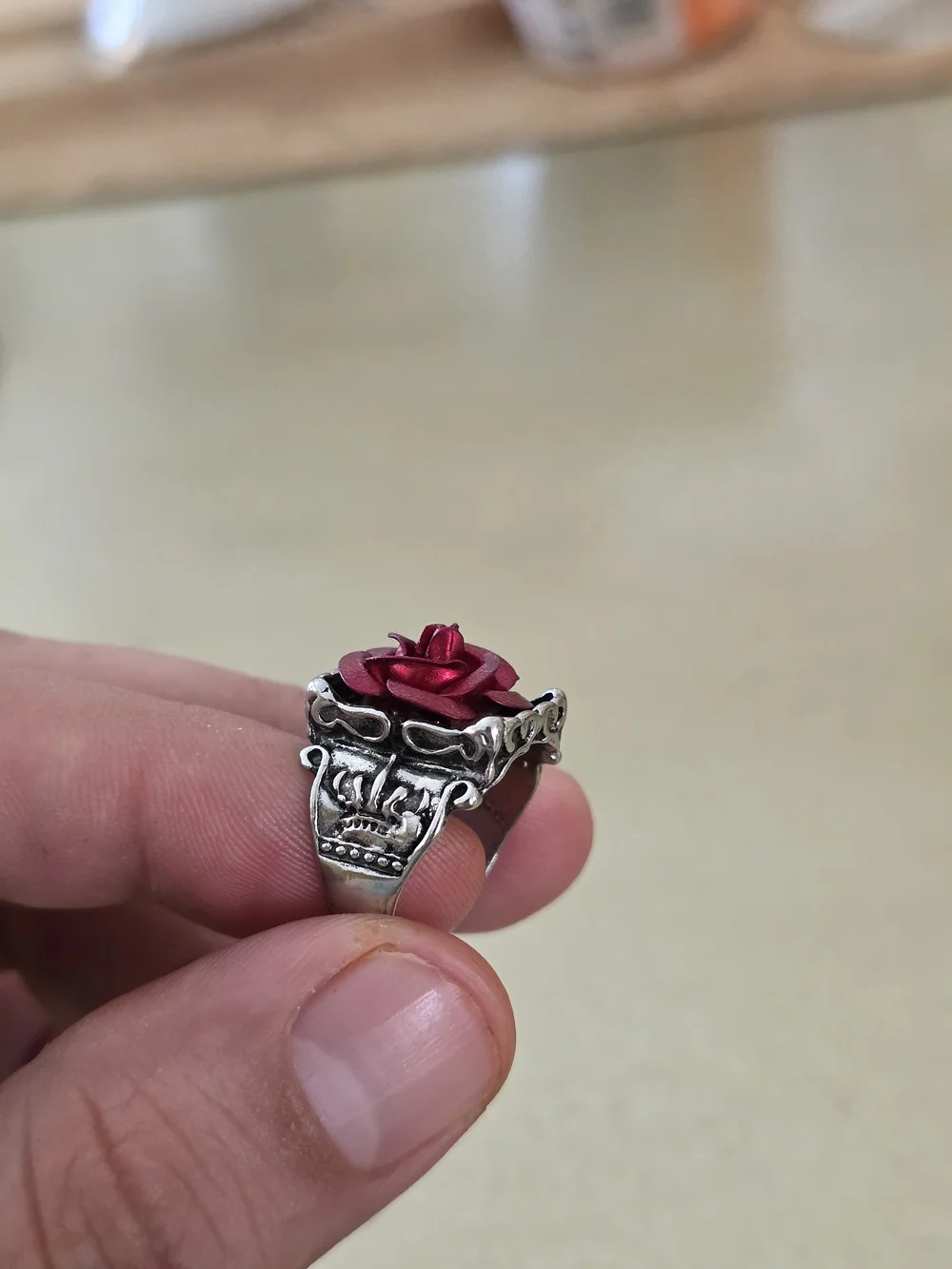 Silver Ring with Red Rose Accent